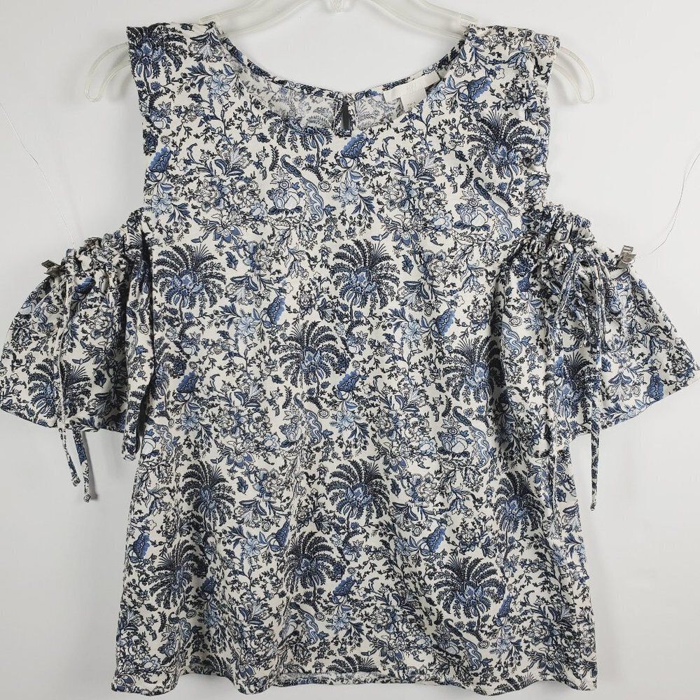 H&M Short Sleeve Cold Shoulder Top Blue & White Floral 100% Cotton EUC Sz S